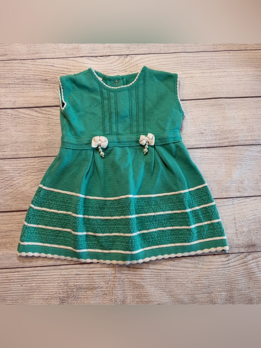 Girls' Emerald Knit Dress with Ivory Trim and Bow Accents